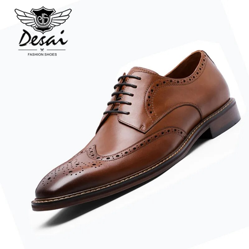 DESAI New Arrivals Men Business Dress Shoes Genuine Leather Brock Retro Gentleman Shoes Formal Carved Bullock Shoes Heightening - bertofonsi