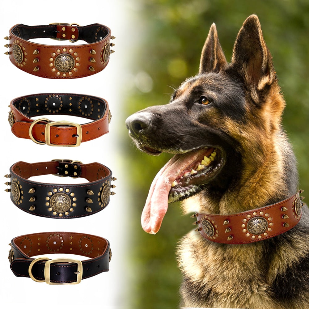 Durable Leather Dog Collar Cool Spiked Studded Pet Dogs Collars Adjustable for Medium Large Dogs Pitbull L XL - bertofonsi
