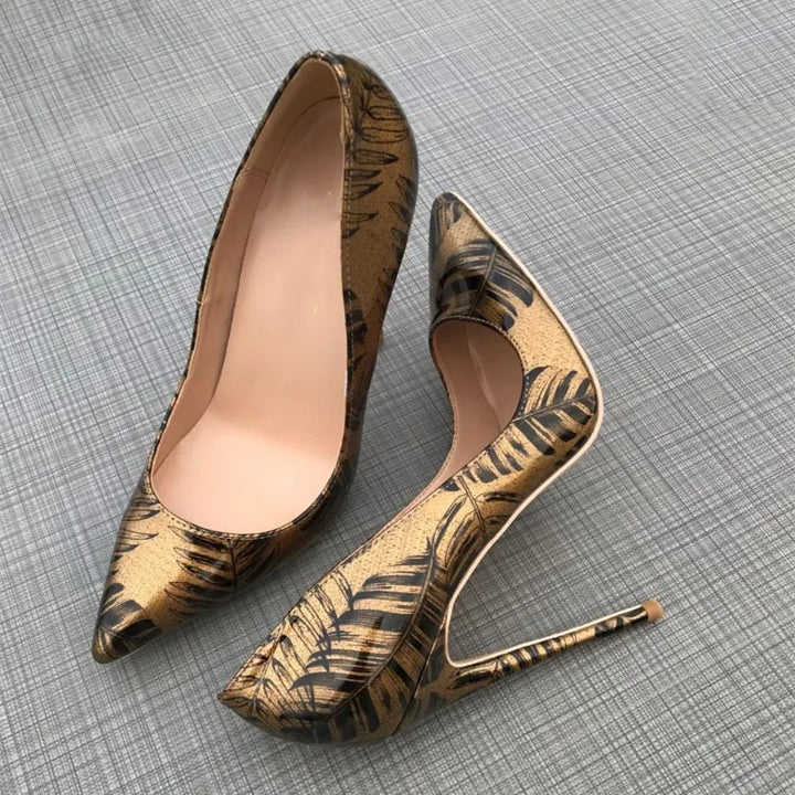 Tikicup Women Pattern Printed Gold Patent Pointed Toe High Heels Plus Size 34-45 Sexy Ladies Chic Stiletto Pumps Fashion Shoes - bertofonsi