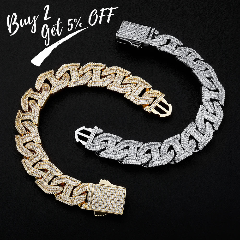 TOPGRILLZ Mens Bracelet 16mm Prong Baguette Curb Chain High Quality Iced Cubic Zirconia Hip Hop Rapper Luxury Jewelry Gift Party - bertofonsi