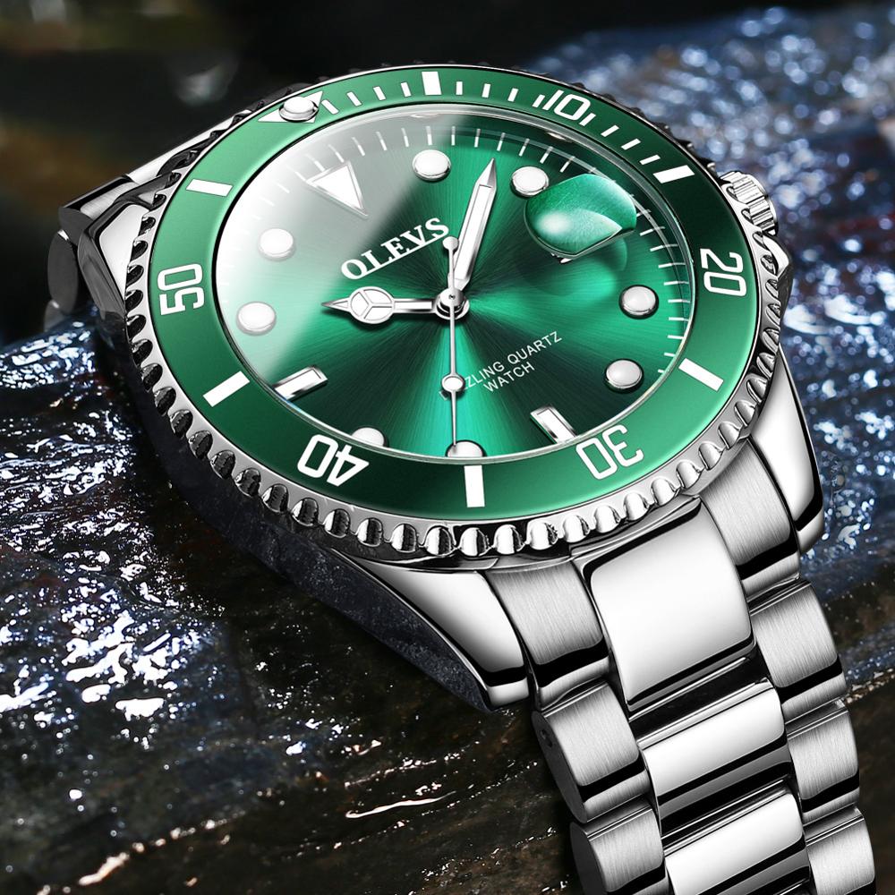 OLEVS Mens Watches Top Brand Luxury Fashion Waterproof Luminous Hand Green Dial Quartz Sports Wristwatch Gifts for Men - bertofonsi
