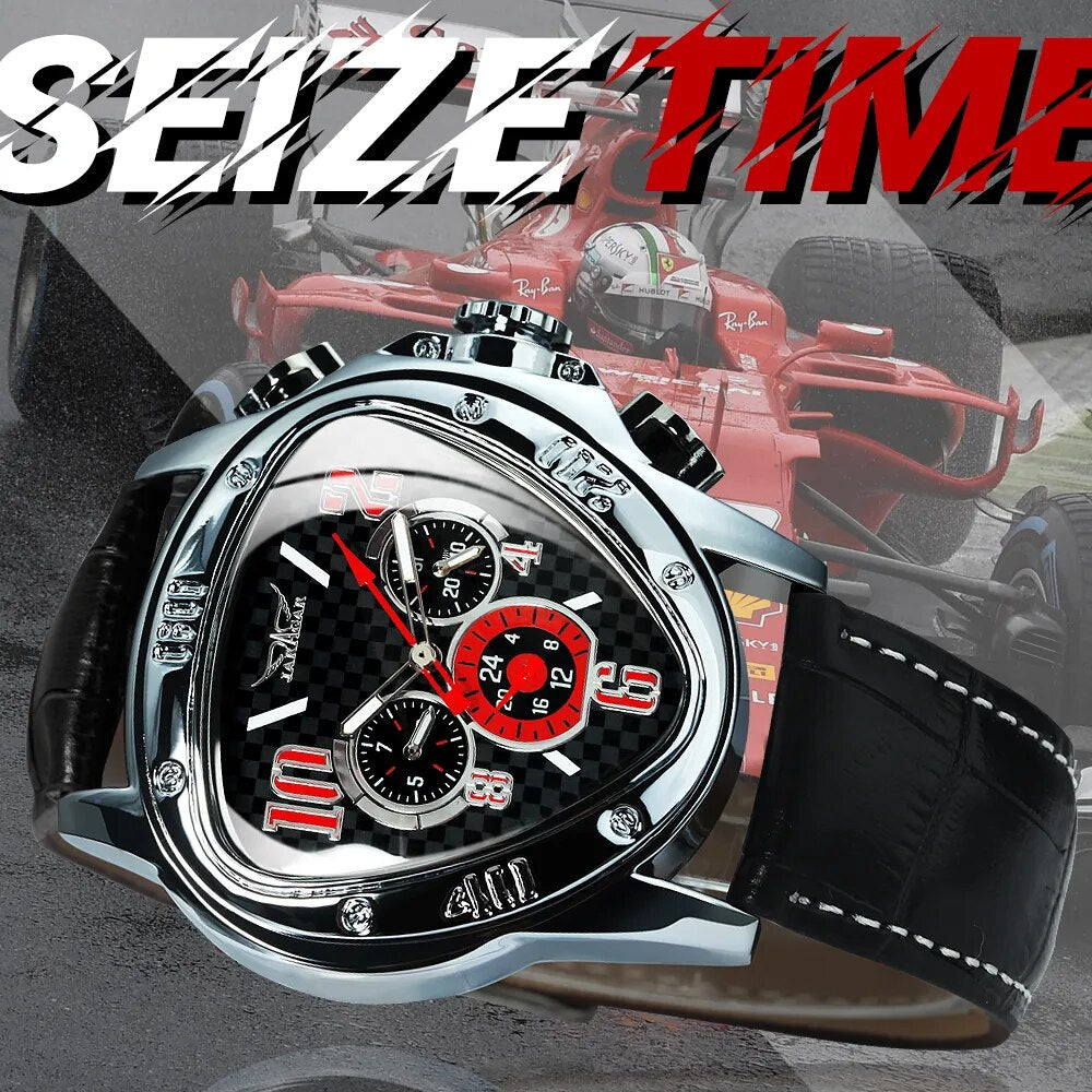 Jaragar Men Automatic Mechanical Wrist Watch Sport Racing Pilot Genuine Leather Casual Top Brand Luxury Geometric Triangle Clock - bertofonsi