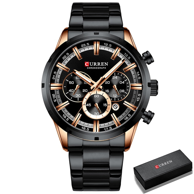 New CURREN Top Brand Luxury Fashion Mens Watches Stainless Steel Chronograph Quartz Watch Men Sport Male Clock Relogio Masculino - bertofonsi