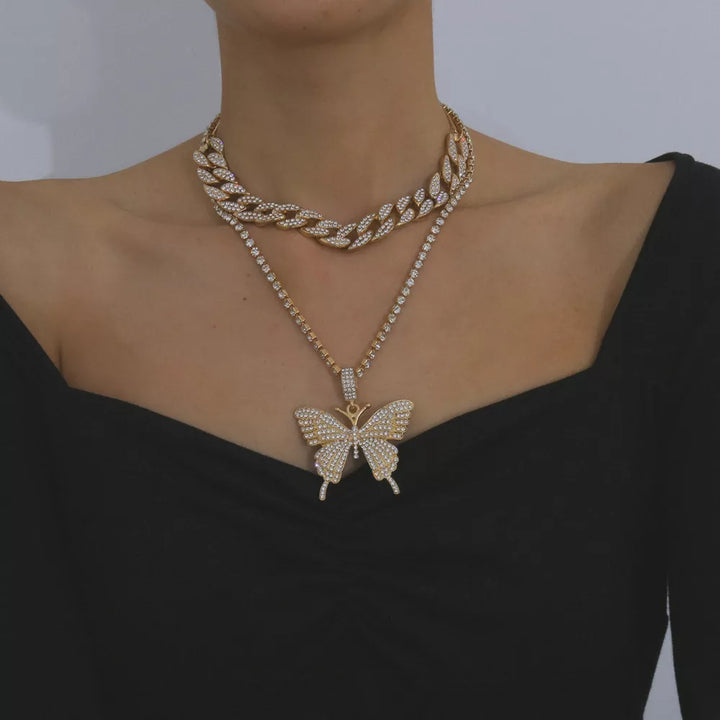 Luxury Women Watch Set Gold Watches Necklaces Bracelet Cuban Chain Butterfly Rhinestones Bling Jewelry 4Pcs Sets Gifts For women - bertofonsi