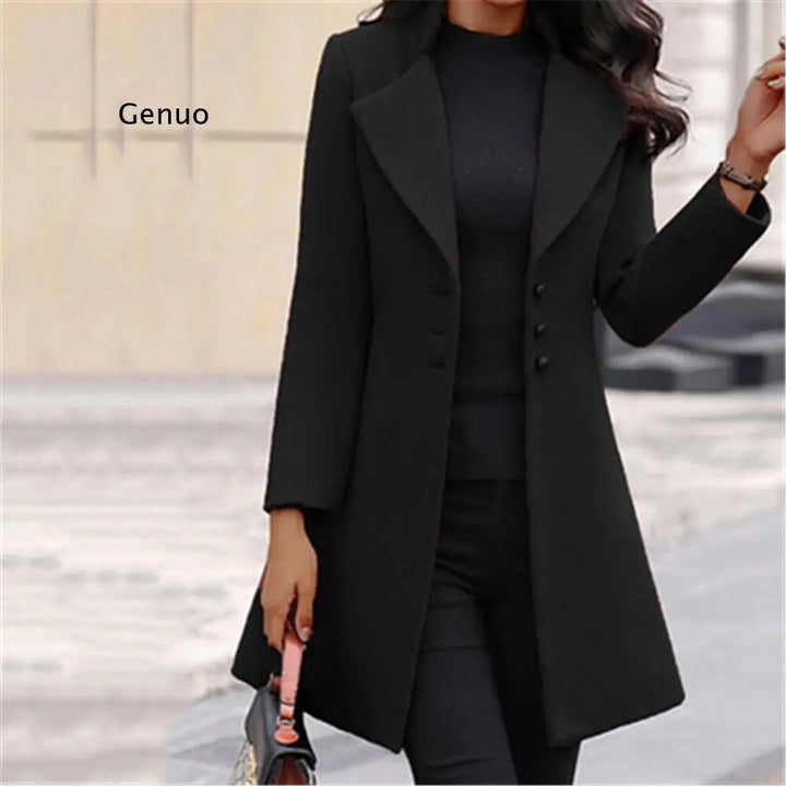 Women Fashion Long Sleeve Woolen Coat Lapel Solid Color Long Jacket Coat Korean Version New Fall Fashion Long Cardigan - bertofonsi
