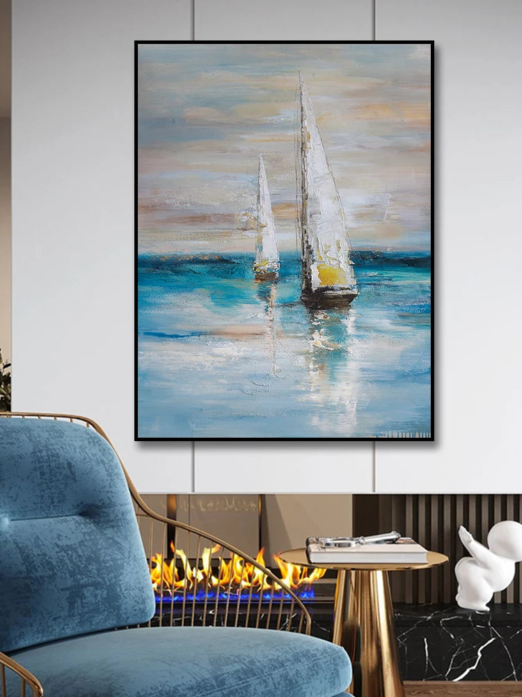 Hand-painted Oil Painting Sail Boat Wall Art Canvas Painting Beach and Seascape Picture for Livingroom Wall Home Decoration - bertofonsi