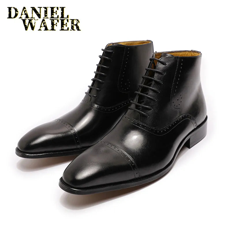 New Fashion Men Ankle Boots Men Formal Dress Leather Shoes Western Boots Cowboy Boots Lace Up Casual Shoes Brown Black Boots Men - bertofonsi