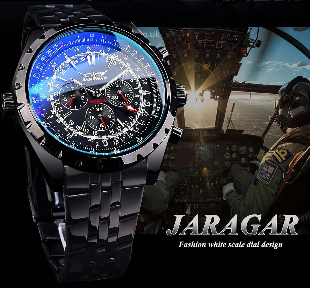 Jaragar 3 Dial Men's Automatic Watch Stainless Steel Mechanical Men's watches Date Week Display Luminous Wristwatch Blue Glass - bertofonsi