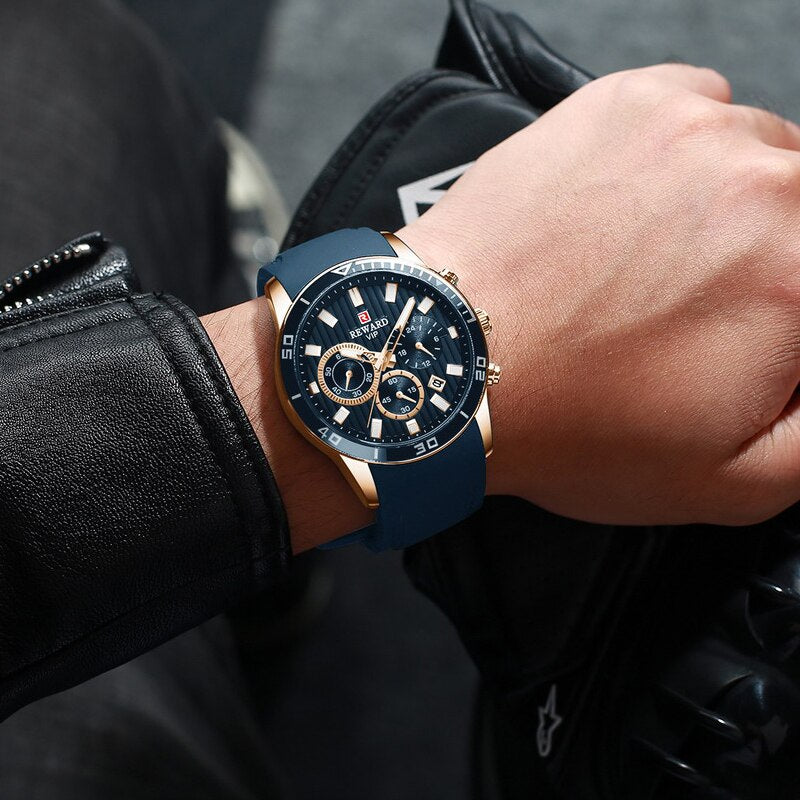 REWARD Mens Watches Top Brand Luxury Blue Quartz Watch Chronograph Men Silicone Waterproof Date Sport Wrist Watch Man Male Clock - bertofonsi