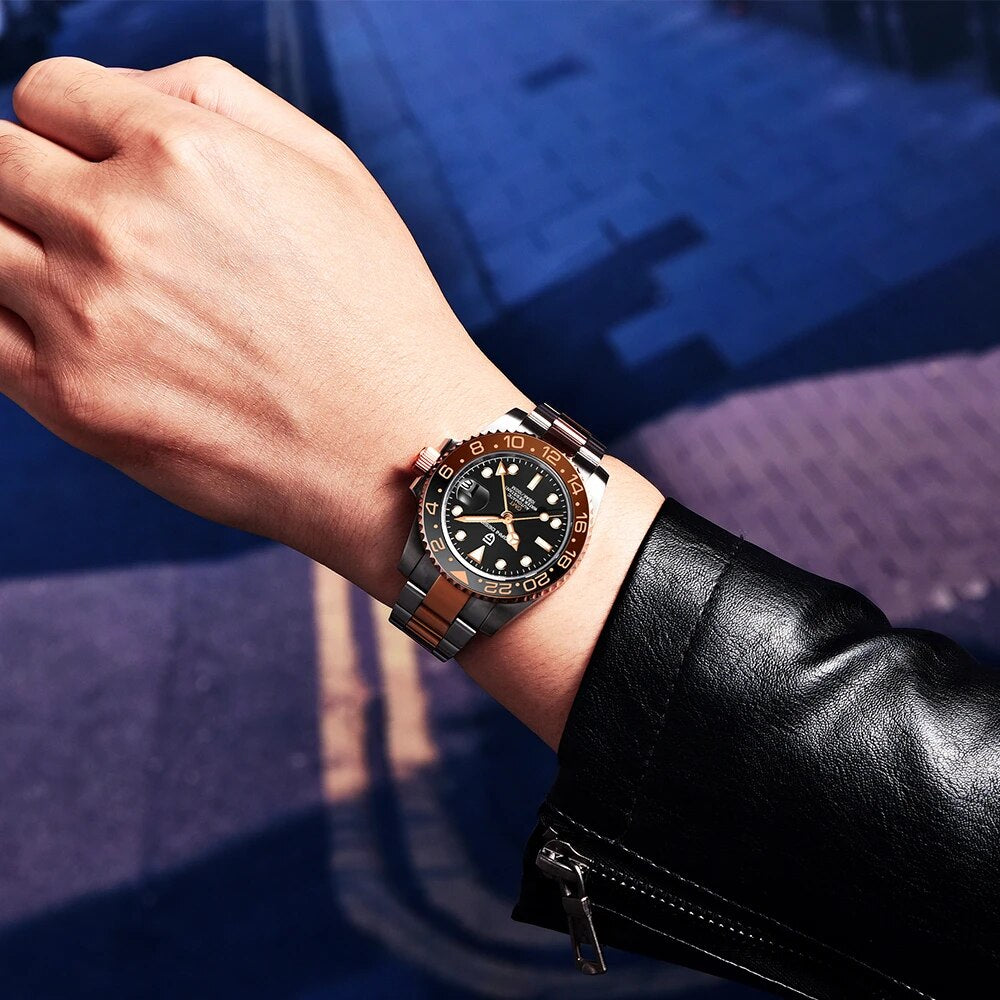 PAGANI DESIGN New Rose Gold Ceramic Bezel GMT Watch Luxury Sapphire Glass Automatic Watch Stainless Steel Men's Mechanical Watch - bertofonsi