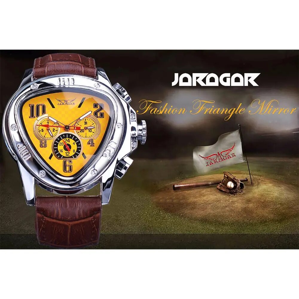Jaragar Sport Fashion Design Geometric Triangle Case Brown Leather Strap 3 Dial Men Watch Top Brand Luxury Automatic Watch Clock - bertofonsi