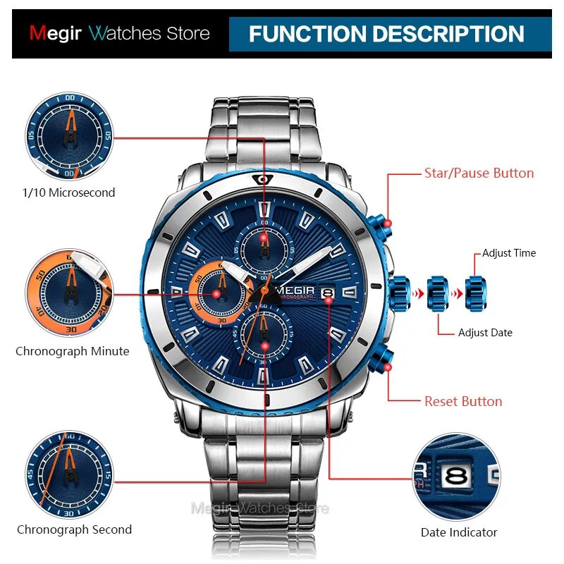 MEGIR Men's Formal Dress Quartz Watches Stainless Steel Strap Chronograph Wristwatch for Man Blue Dial Luminous Hands 2075G-10 - bertofonsi