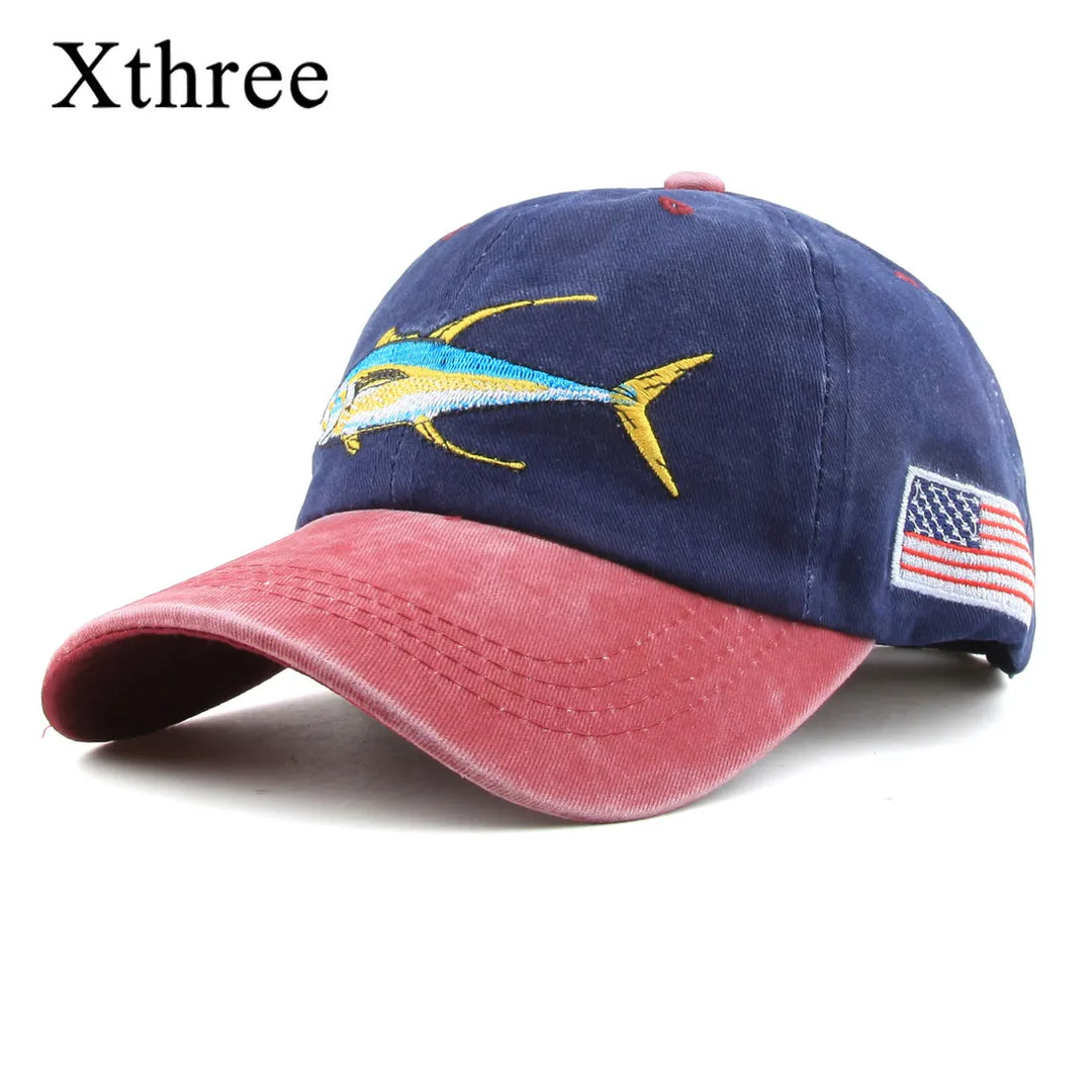Xthree Washed Cotton Baseball Caps Men Hat Cap Fish Embroidery USA Flag Casquette Dad Hat for Women Gorras snapback - bertofonsi