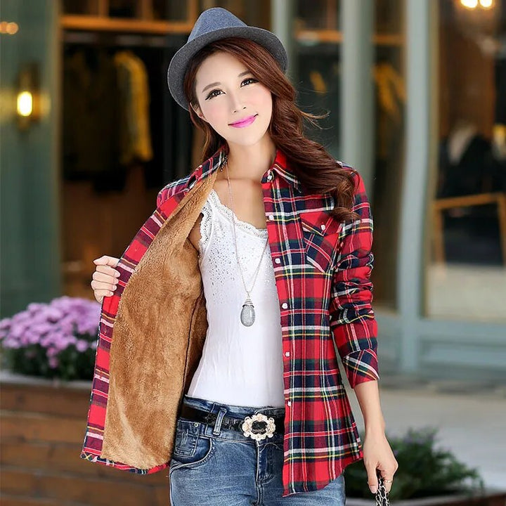 2021 Winter New Hot Sale Women Plus Velvet Thicke Warm Plaid Shirt Style Coat Jacket Woman Casual Tops Clothes Lady Outerwear - bertofonsi