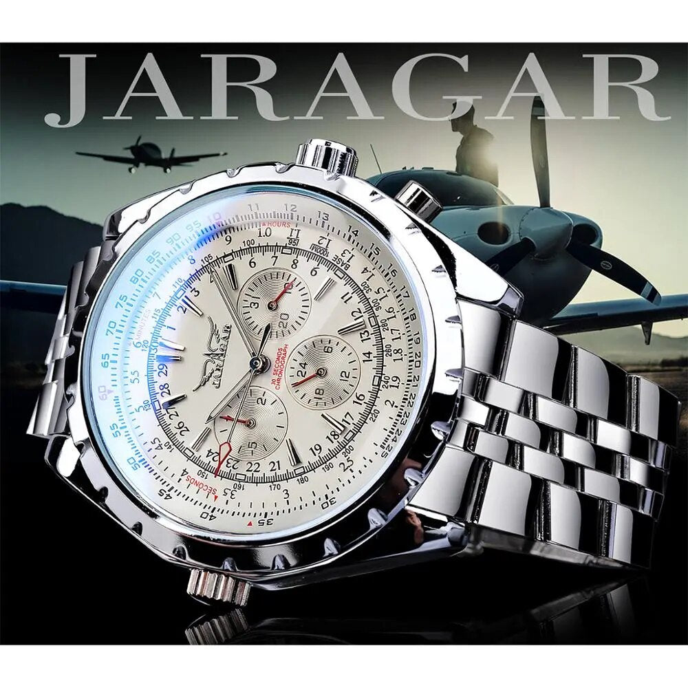 Jaragar White Dial Automatic Watch Complete Calendar Silver Stainless Steel Luminous Business Sport Mechanical Date Wristwatch - bertofonsi