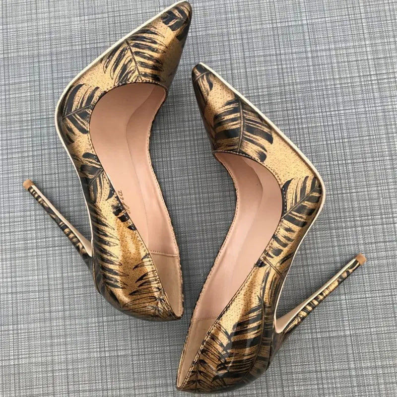 Tikicup Women Pattern Printed Gold Patent Pointed Toe High Heels Plus Size 34-45 Sexy Ladies Chic Stiletto Pumps Fashion Shoes - bertofonsi