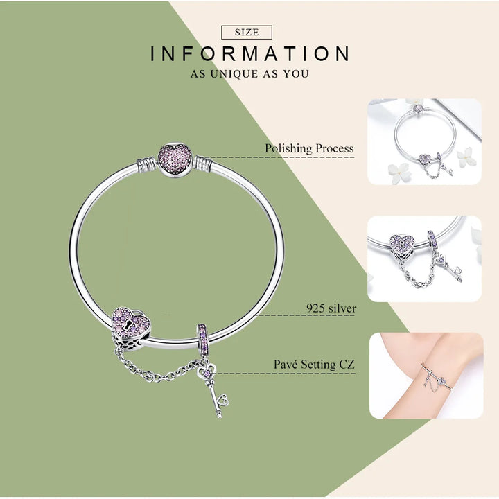 WOSTU New Arrival 925 Sterling Silver Heart Lock Beads Charm Bangles & Bracelet For Women Sparkling Fashion Jewelry Gift CQB820 - bertofonsi