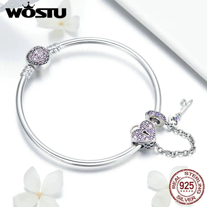 WOSTU New Arrival 925 Sterling Silver Heart Lock Beads Charm Bangles & Bracelet For Women Sparkling Fashion Jewelry Gift CQB820 - bertofonsi
