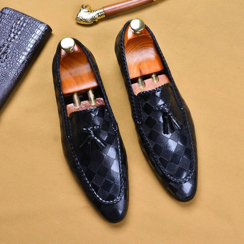 Mens Formal Shoes Genuine Leather Tassel Loafers Men Black 2022 Dress Shoes Wedding Shoes Slip On Leather Brogues - bertofonsi