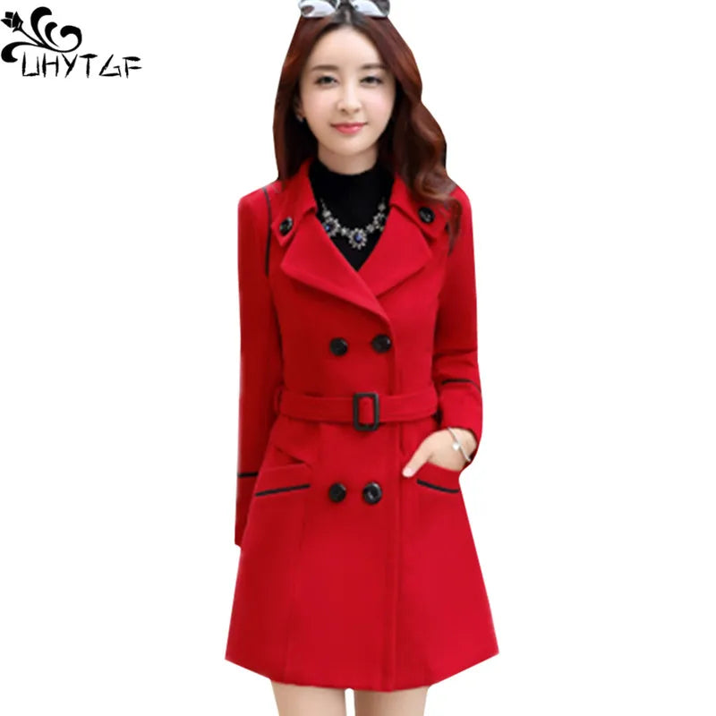 UHYTGF Korean Winter Woman Wool Coat 2021Plus size Women Woolen Long Coat Female Autumn Fashion Double-Breasted Women Jacket 272 - bertofonsi
