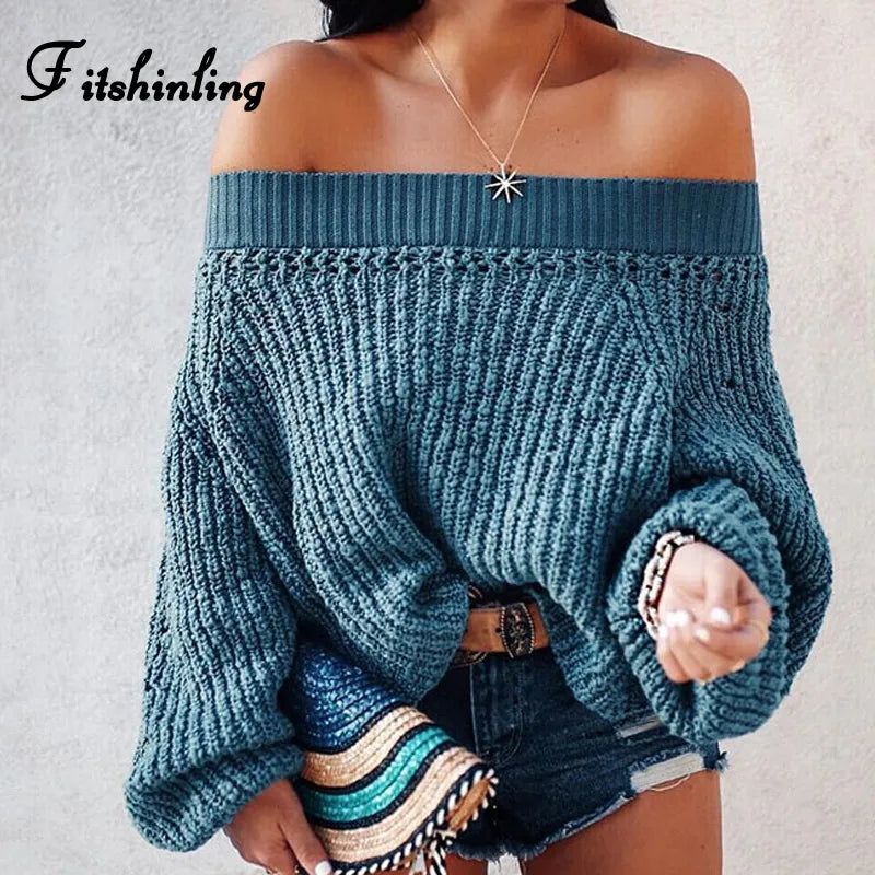 Fitshinling Off shoulder sweater knitwear korean fashion lantern sleeve women sweaters and pullovers sexy winter knitted jumpers - bertofonsi