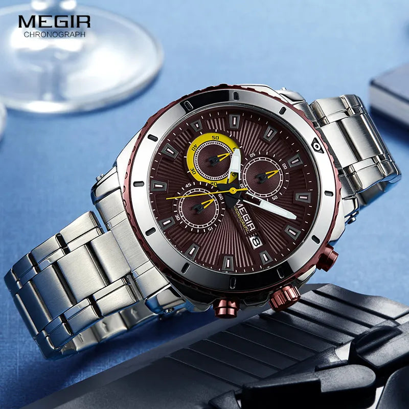 MEGIR Men's Formal Dress Quartz Watches Stainless Steel Strap Chronograph Wristwatch for Man Blue Dial Luminous Hands 2075G-10 - bertofonsi
