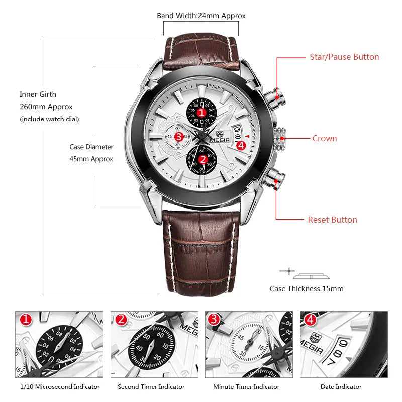 Megir Leather Watch Men 2019 Top Brand Luxury Quartz Watch Military Chronograph Waterproof Watches reloj relogio masculino 2020 - bertofonsi