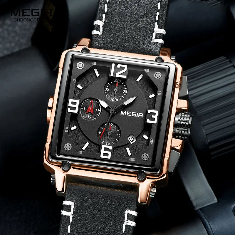 Megir Leather Strap Army Chronograph Quartz Wrist Watches Men Square Sports Stop Watch Man Clock Relogios Masculino 2061 Rose - bertofonsi