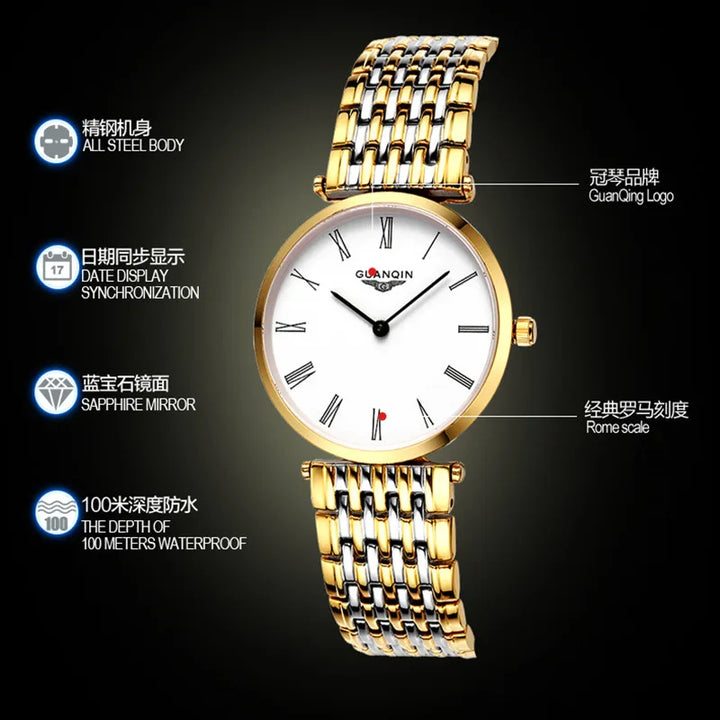 Original GUANQIN Men Watch Quartz Fashion Men Watch Clock Stainless Steel Shockproof Waterproof Watch Gold Man Wristwatches - bertofonsi