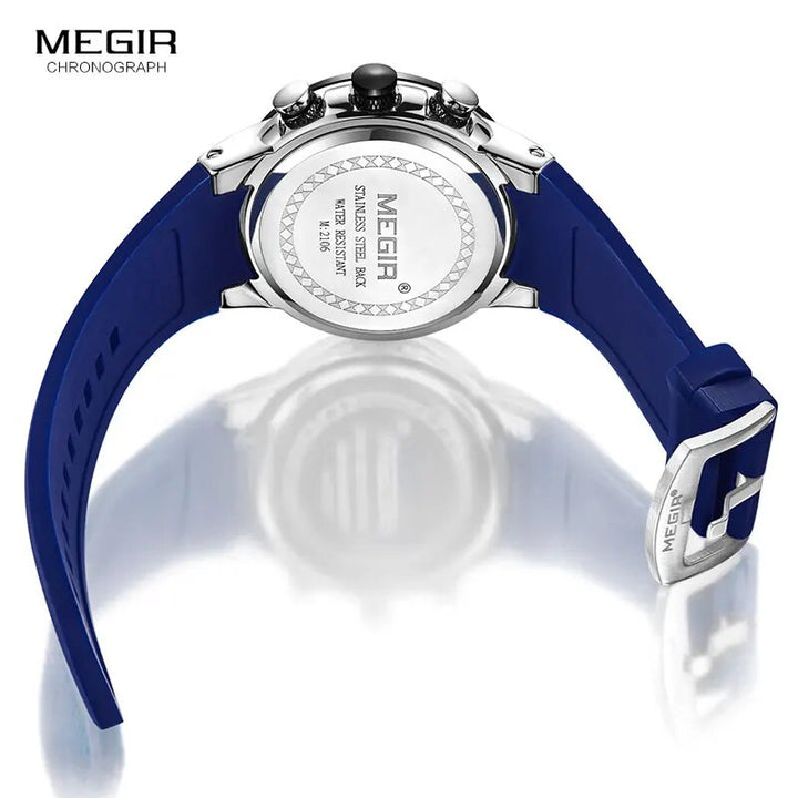 MEGIR Sports Chronograph Quartz Watches for Men Silicone Strap Wateproof Luminous Wristwatch Man Relogios Masculino 2106 Blue - bertofonsi
