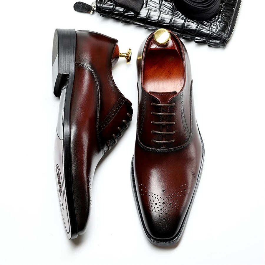 Men Genuine Cow Leather Brogue Wedding Business Mens Casual Flats Shoes 2020 Black Burgundy Vintage Oxford Shoes For Men's Shoe - bertofonsi