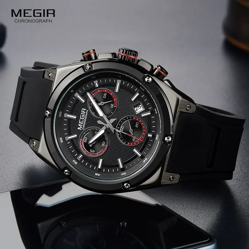 Megir Men Black Silicone Sports Quartz Wrist Watches Luminous Relojios Relojes Waterproof Chronograph Clock Montres Q2073G-BK-1 - bertofonsi
