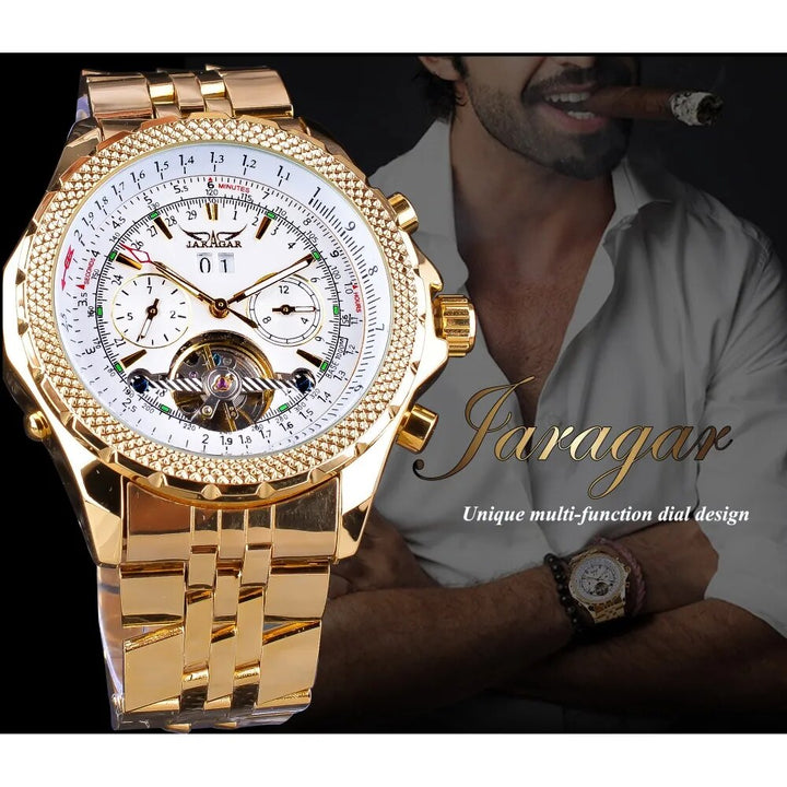 Jaragar Men's Golden Automatic Self-Wind Watch Big Dial Calendar Function Relogio Masculino Mechanical Watches Steel Strap Clock - bertofonsi