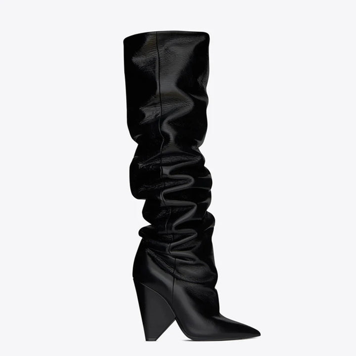 Women Boots Slip On Knee High Boots Cone Heels Pleated Fashion High Heels Ladies Brand Design Shoes Knight Shoe - bertofonsi