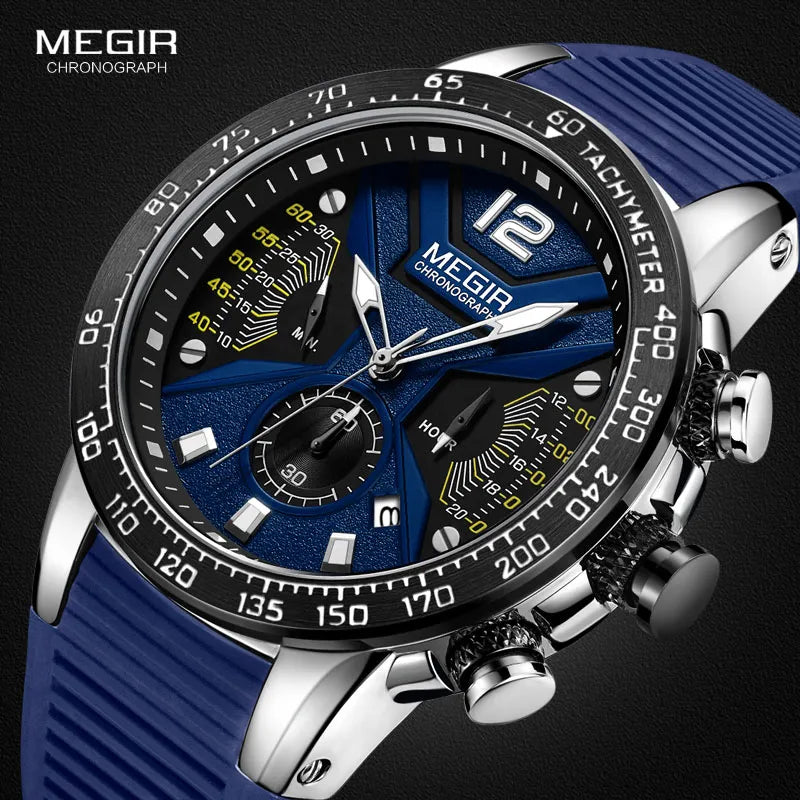 MEGIR Sports Chronograph Quartz Watches for Men Silicone Strap Wateproof Luminous Wristwatch Man Relogios Masculino 2106 Blue - bertofonsi