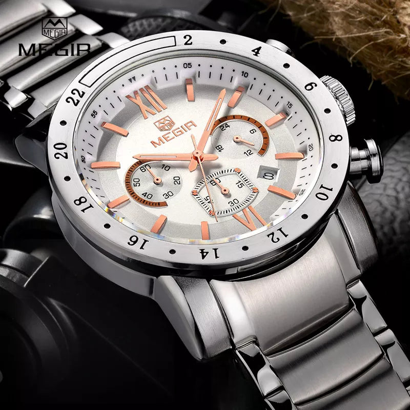 MEGIR hot brand quartz watches for men man's business white wristwatch fashion three-eyes waterproof luminous watch for male - bertofonsi