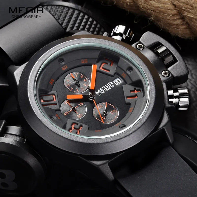 Megir Fashion Mens Silicone Band Sport Quartz Wrist Watches Analog Display Chronograph Black Watch for Man with Calendar 2002 - bertofonsi