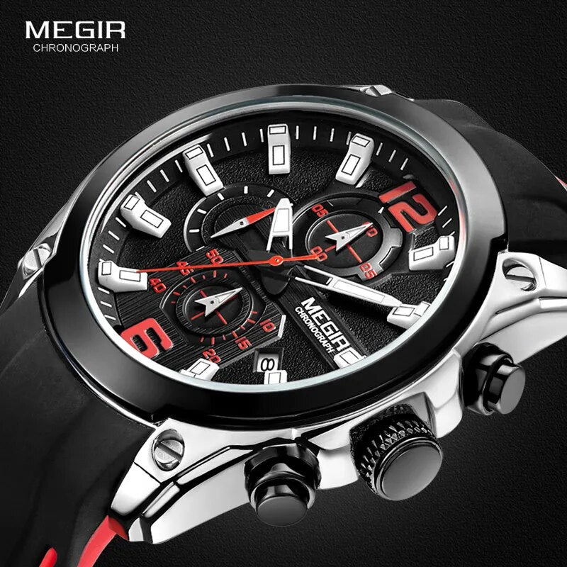 Megir Men's Chronograph Analogue Quartz Watches Fashion Rubber Strap Sport Wristwatch with Luminous Hands for Boys 2063GS-BK-1 - bertofonsi