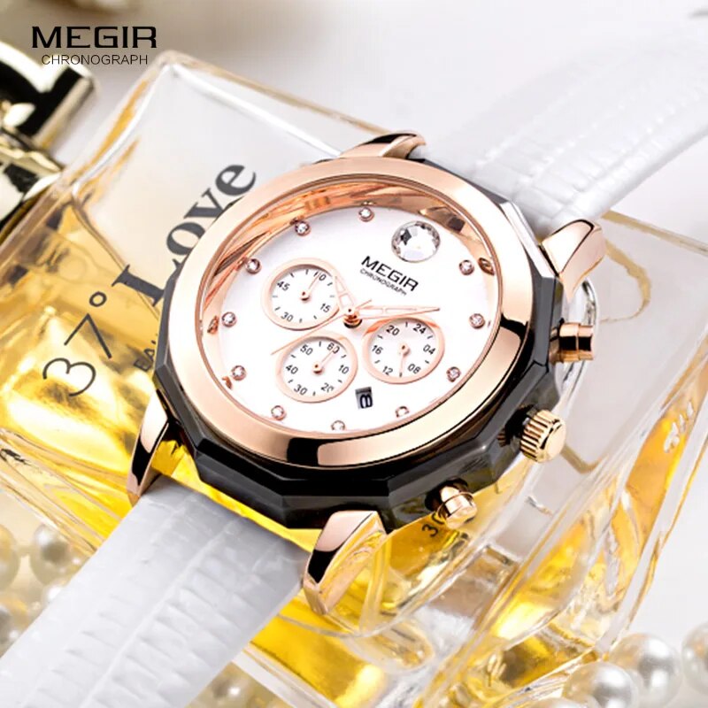 Megir Women's Elegant Quartz Stop Watches Fashion Waterproof Luminous Chronograph 24-hour Wristwatch for Woman Lady 2042LREWE - bertofonsi