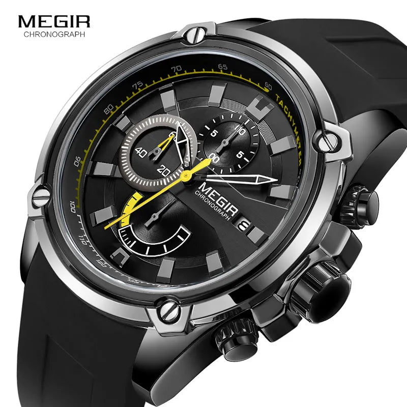 MEGIR Army Sports Quartz Watches for Men Black Silicone Strap Military Marine Chronograph Wristwatch for Man Relogios 2086 Black - bertofonsi