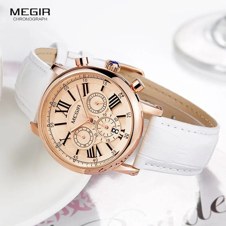 Megir Woman's Chronograph Quartz Watch with 24 Hours and Calendar Display White Leather Strap Wrist Stopwatches for Ladies 2058L - bertofonsi