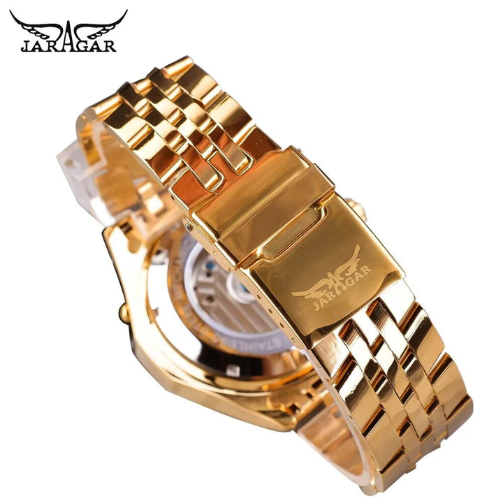 Jaragar Men's Golden Automatic Self-Wind Watch Big Dial Calendar Function Relogio Masculino Mechanical Watches Steel Strap Clock - bertofonsi