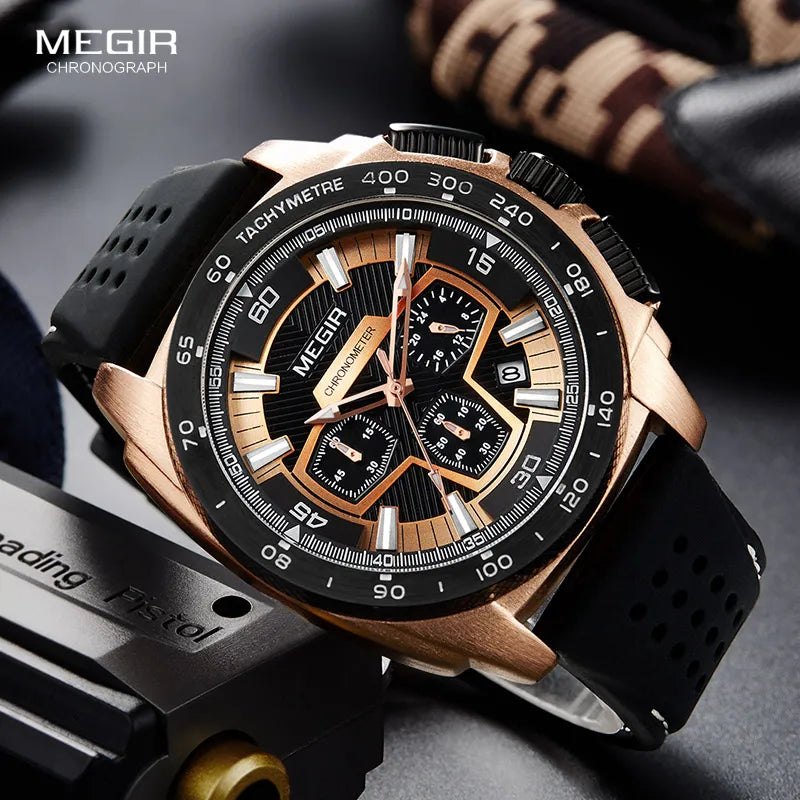 Megir Males Mens Chronograph Sport Watches with Quartz Movement Rubber Band Luminous Wristwatch for Man Boys 2056G-1N0 - bertofonsi