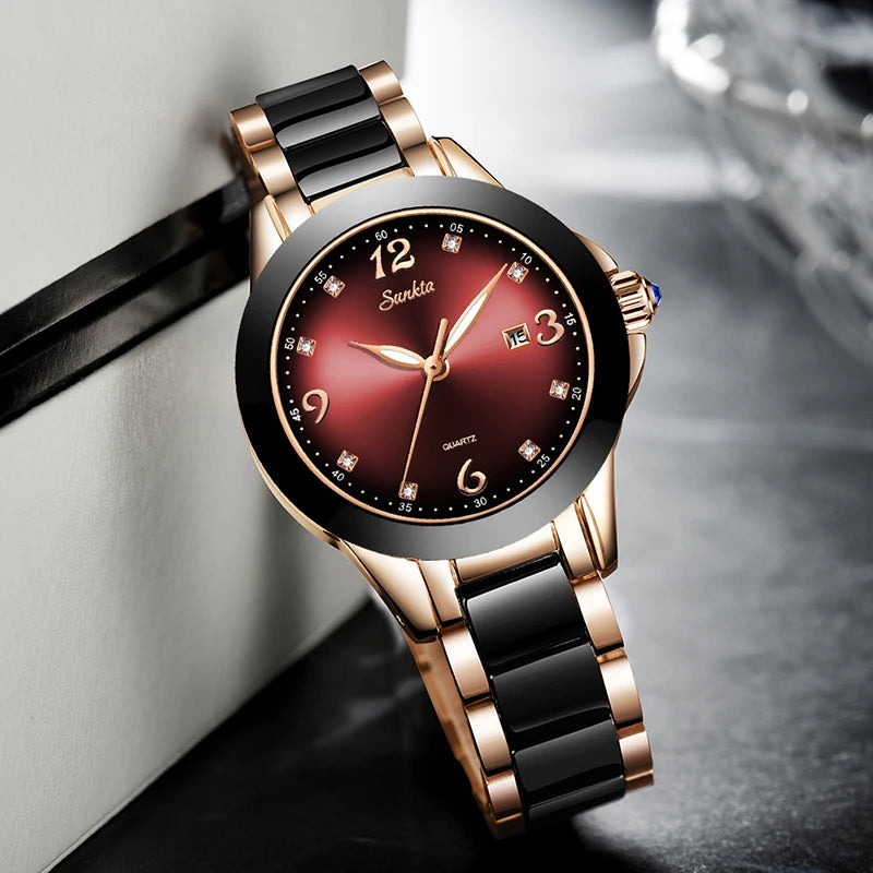 2022 SUNKTA Brand Fashion Watch Women Luxury Ceramic And Alloy Bracelet Analog Wristwatch Relogio Feminino Montre Relogio Clock - bertofonsi