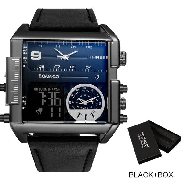 BOAMIGO brand men sports watches 3 time zone big man fashion military LED watch leather quartz wristwatches relogio masculino - bertofonsi