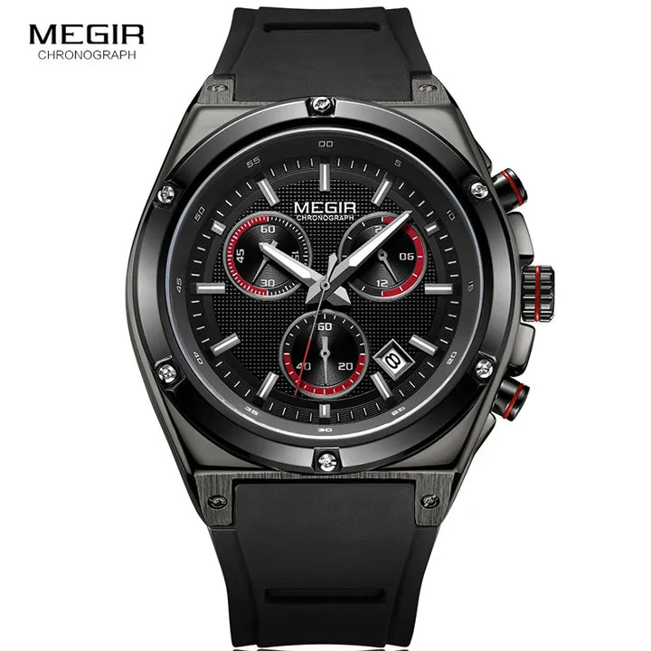 Megir Men Black Silicone Sports Quartz Wrist Watches Luminous Relojios Relojes Waterproof Chronograph Clock Montres Q2073G-BK-1 - bertofonsi
