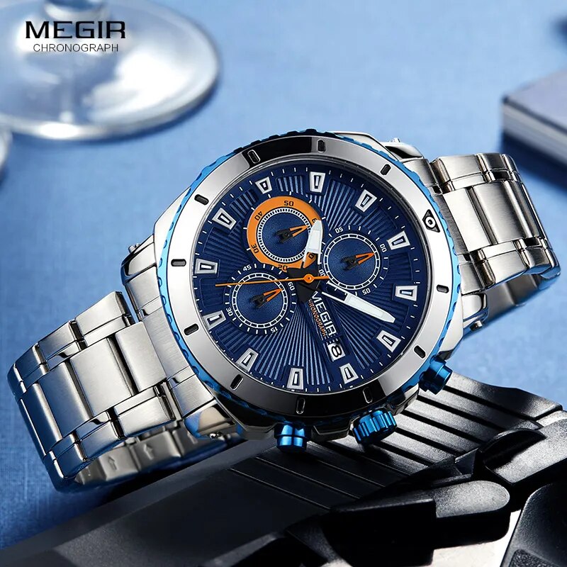 MEGIR Men's Blue Dial Chronograph Quartz Watches Fashion Stainless Steel Analogue Wristwatches for Man Luminous Hands 2075G-2 - bertofonsi