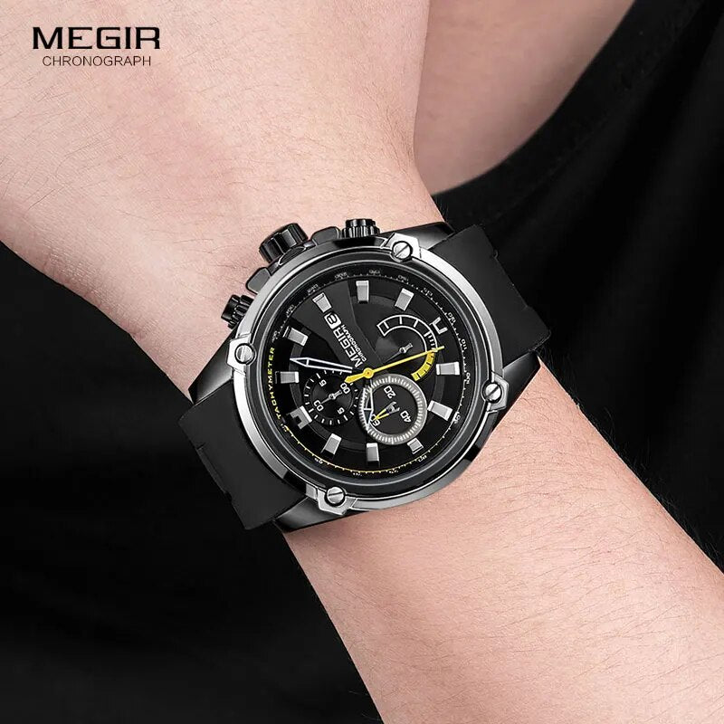 MEGIR Army Sports Quartz Watches for Men Black Silicone Strap Military Marine Chronograph Wristwatch for Man Relogios 2086 Black - bertofonsi
