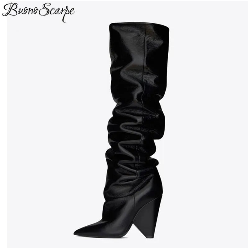 Women Boots Slip On Knee High Boots Cone Heels Pleated Fashion High Heels Ladies Brand Design Shoes Knight Shoe - bertofonsi