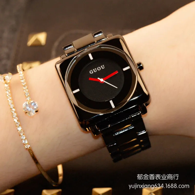 HK Brand Wristwatches Quartz-Watches High-Grade Women's Watches Rose Gold Black Stainless Steel Strap Joker Square Simple Luxury - bertofonsi